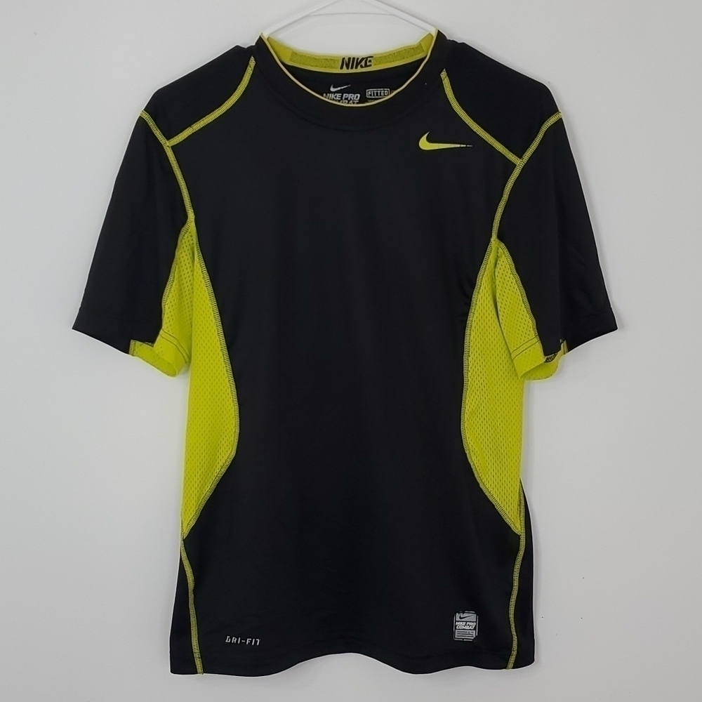 Nike Dri-fit small black and yellow fitted pro combat short sleeve shirt